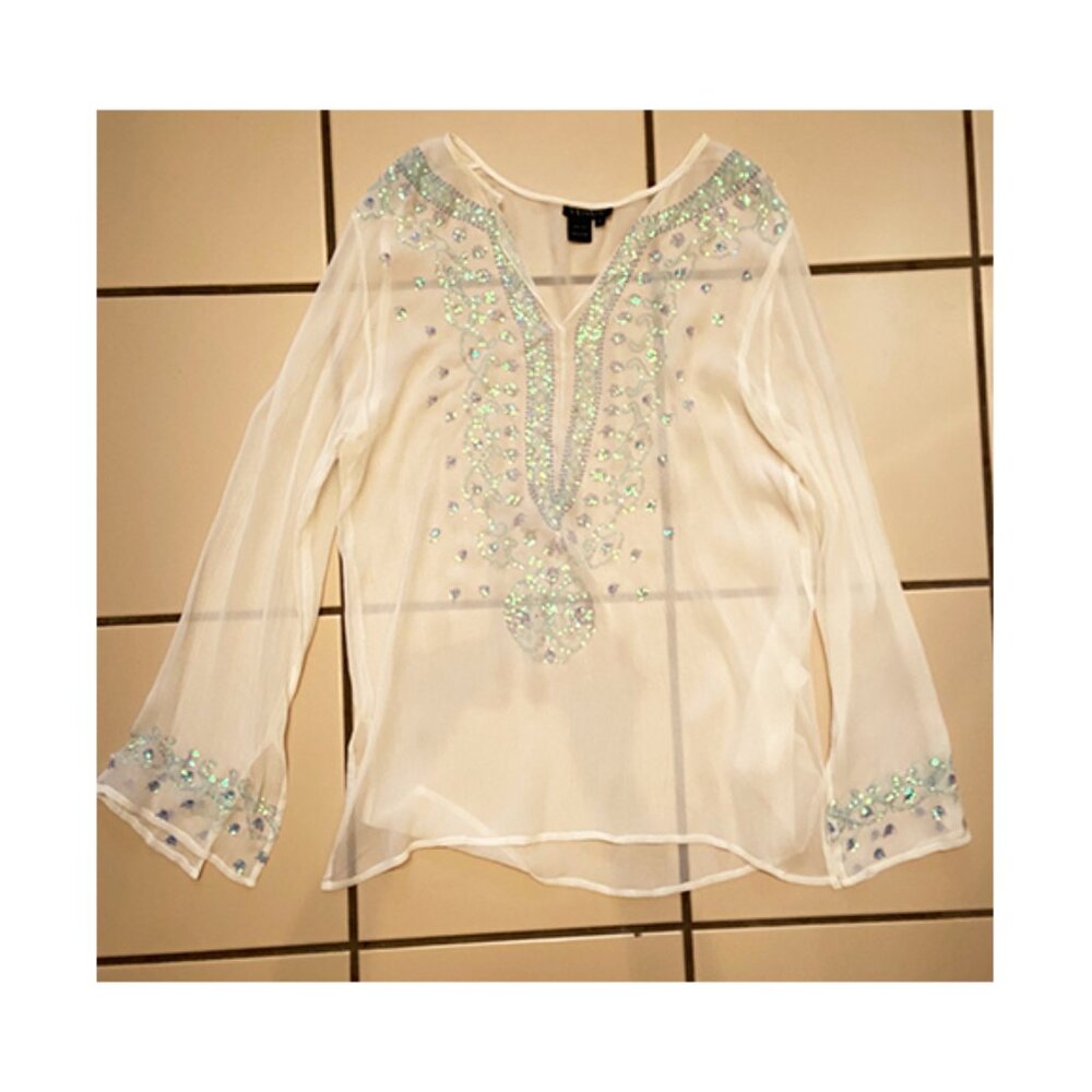 Venus: 100% silk, embellished white cover up. Size M. Chest 17", Length 28"